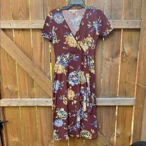 Floral Wrap Dress in Burgundy and Blue
